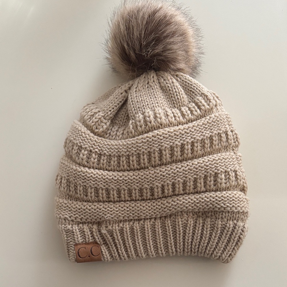 C.C Unisex Beige Knit Beanie with Pom Pom